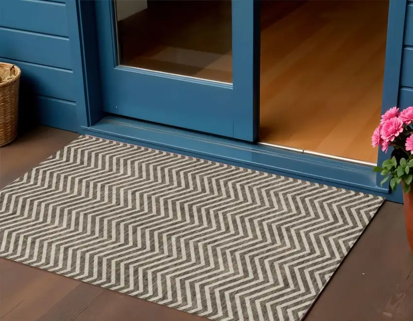 Brown And Beige Chevron Washable Indoor Outdoor Area Rug Photo 1
