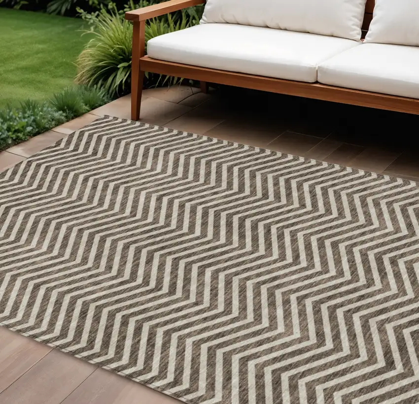 Brown And Beige Chevron Washable Indoor Outdoor Area Rug Photo 1