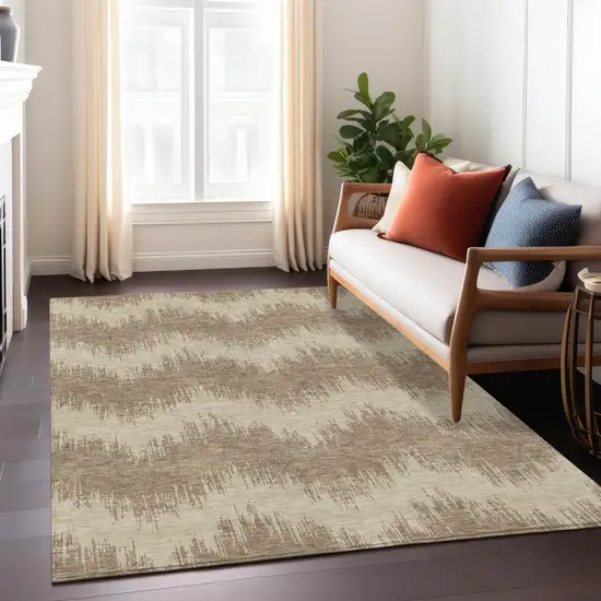 Brown And Beige Chevron Washable Indoor Outdoor Area Rug Photo 9