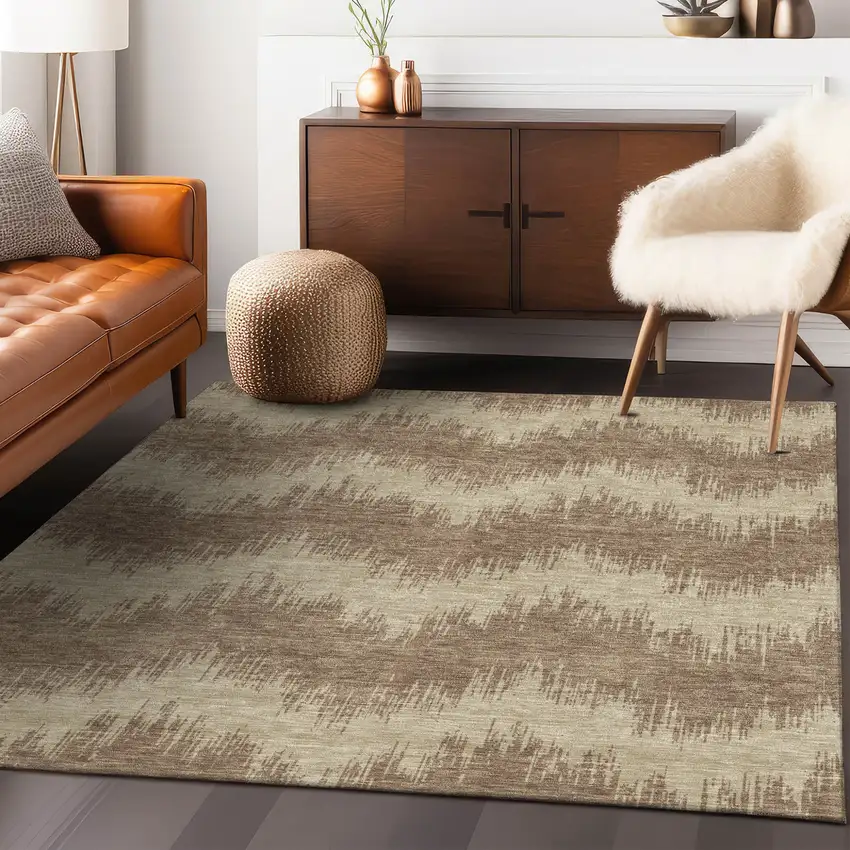Brown And Beige Chevron Washable Indoor Outdoor Area Rug Photo 8
