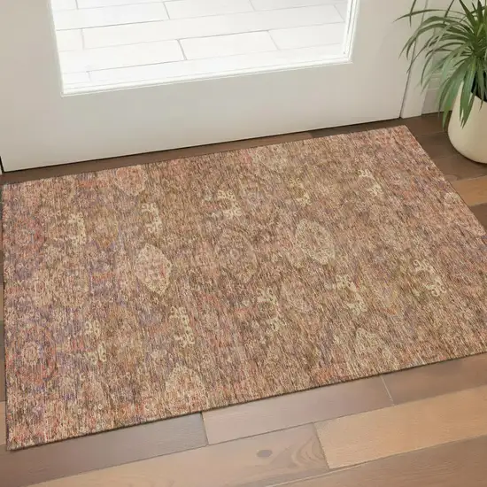 Brown And Beige Damask Washable Area Rug With UV Protection Photo 1