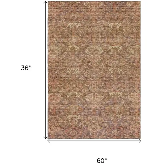 Brown And Beige Damask Washable Area Rug With UV Protection Photo 9