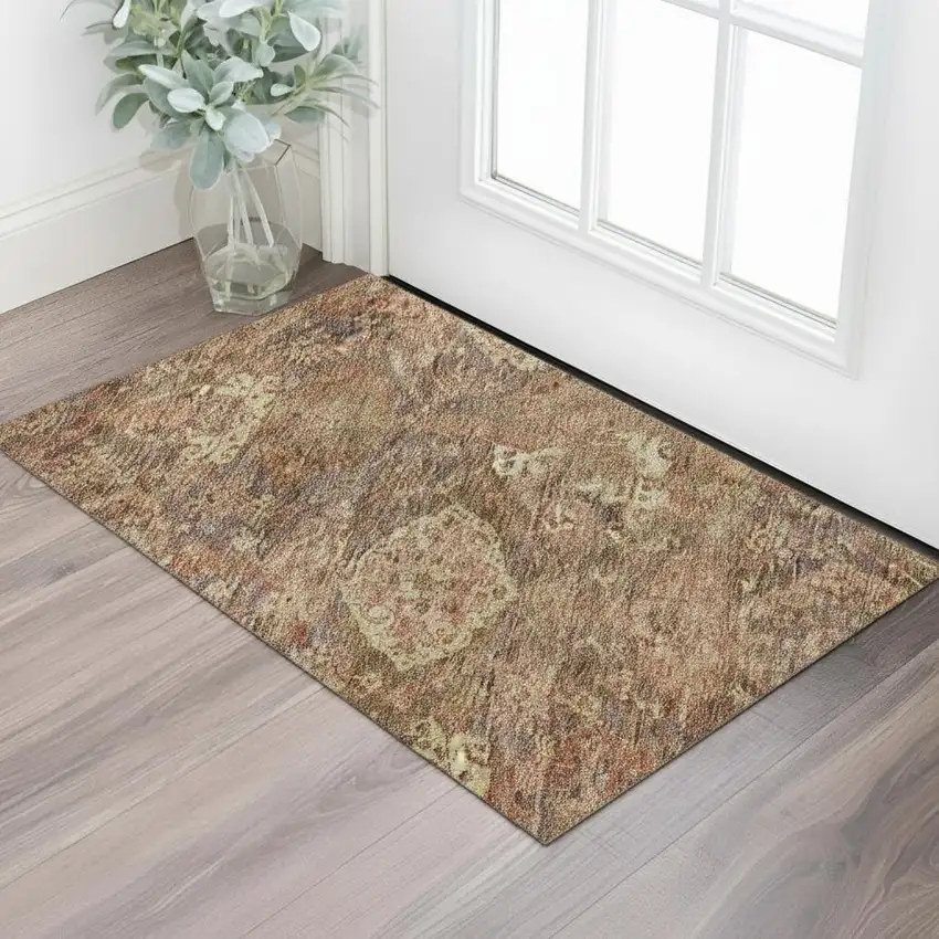 Brown And Beige Damask Washable Area Rug With UV Protection Photo 2
