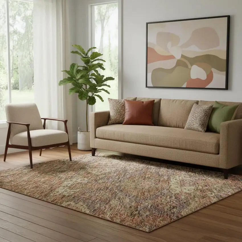 Brown And Beige Damask Washable Area Rug With UV Protection Photo 2