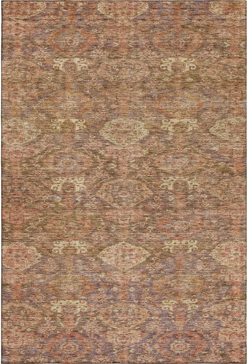 Brown And Beige Damask Washable Area Rug With UV Protection Photo 5