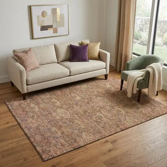 Brown And Beige Damask Washable Area Rug With UV Protection Photo 1