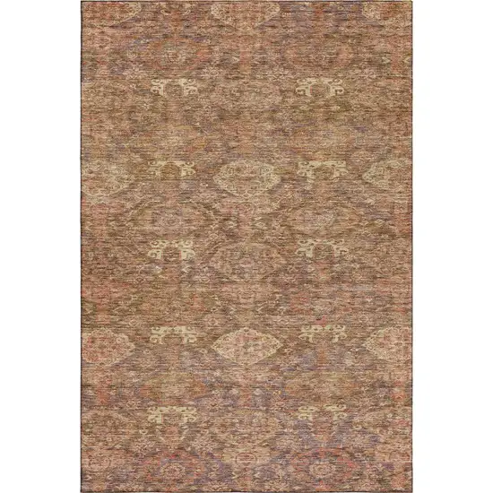 Brown And Beige Damask Washable Area Rug With UV Protection Photo 4