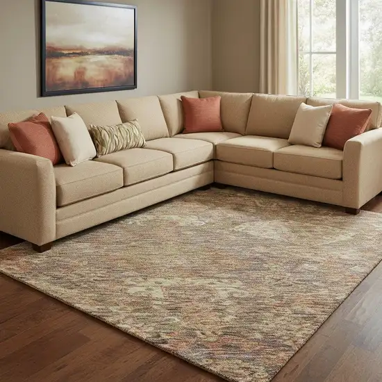 Brown And Beige Damask Washable Area Rug With UV Protection Photo 2