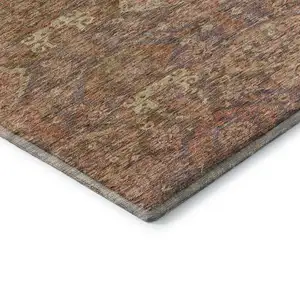 Photo of Brown And Beige Damask Washable Area Rug With UV Protection