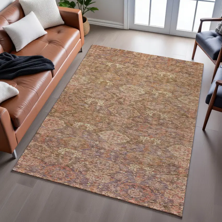 Brown And Beige Damask Washable Area Rug With UV Protection Photo 3
