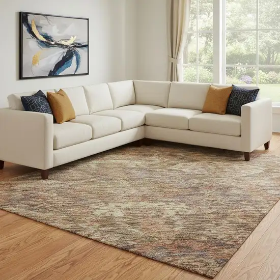 Brown And Beige Damask Washable Area Rug With UV Protection Photo 2