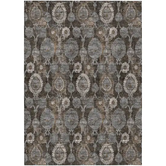 Brown And Beige Damask Washable Indoor Outdoor Area Rug Photo 2