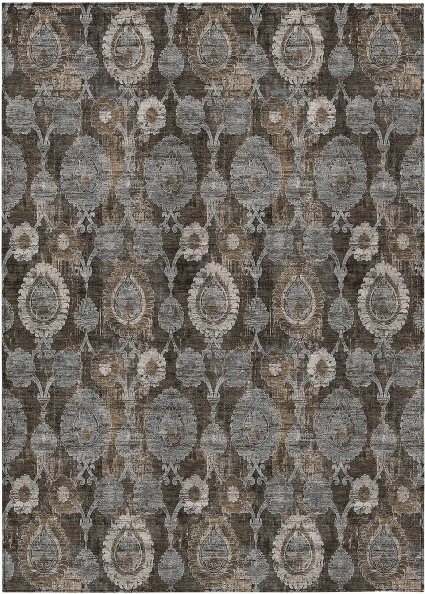 Brown And Beige Damask Washable Indoor Outdoor Area Rug Photo 2