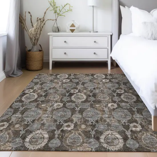 Brown And Beige Damask Washable Indoor Outdoor Area Rug Photo 9