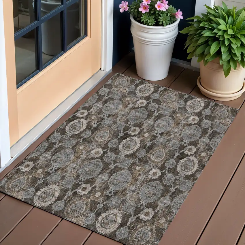 Brown And Beige Damask Washable Indoor Outdoor Area Rug Photo 1