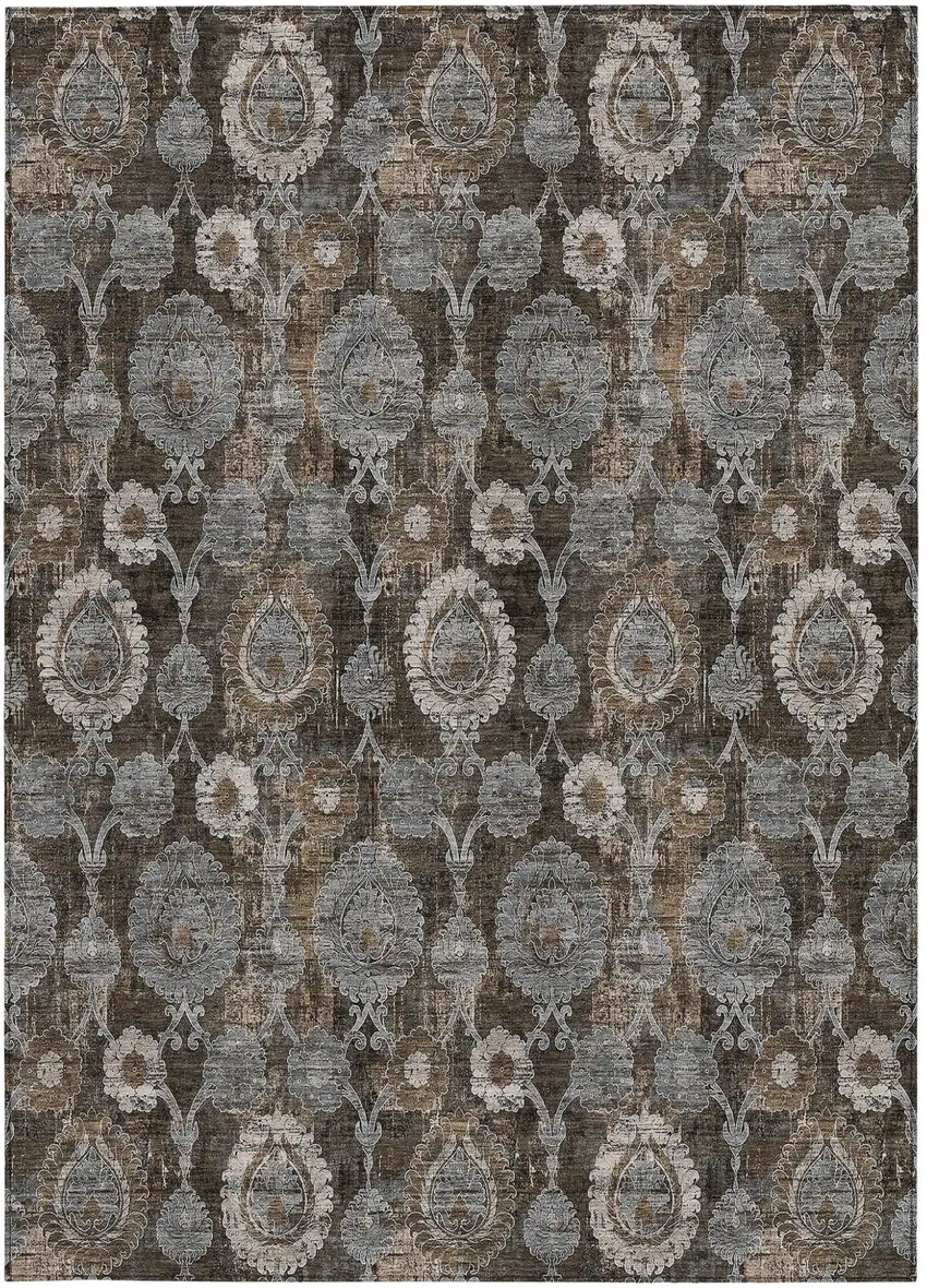 Brown And Beige Damask Washable Indoor Outdoor Area Rug Photo 7