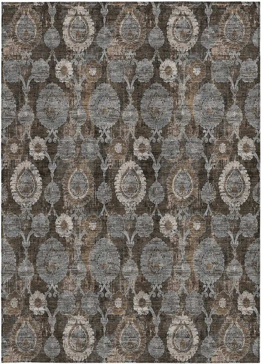 Brown And Beige Damask Washable Indoor Outdoor Area Rug Photo 7