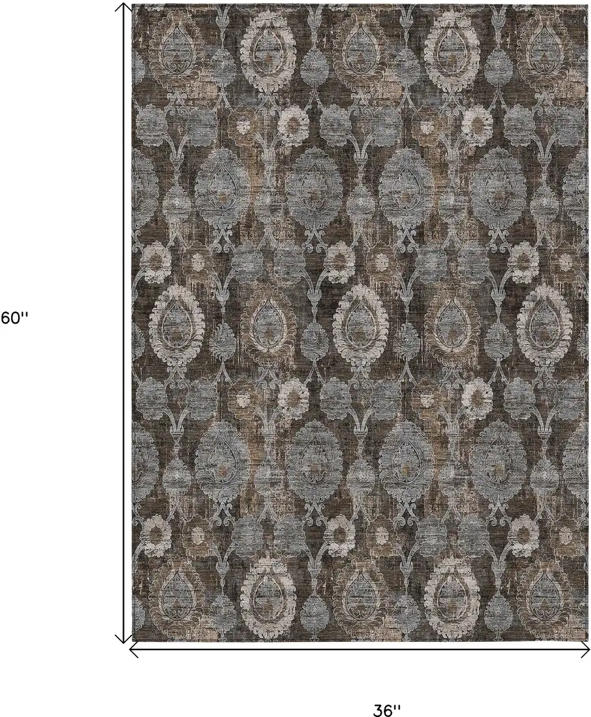Brown And Beige Damask Washable Indoor Outdoor Area Rug Photo 3