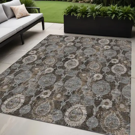 Brown And Beige Damask Washable Indoor Outdoor Area Rug Photo 1