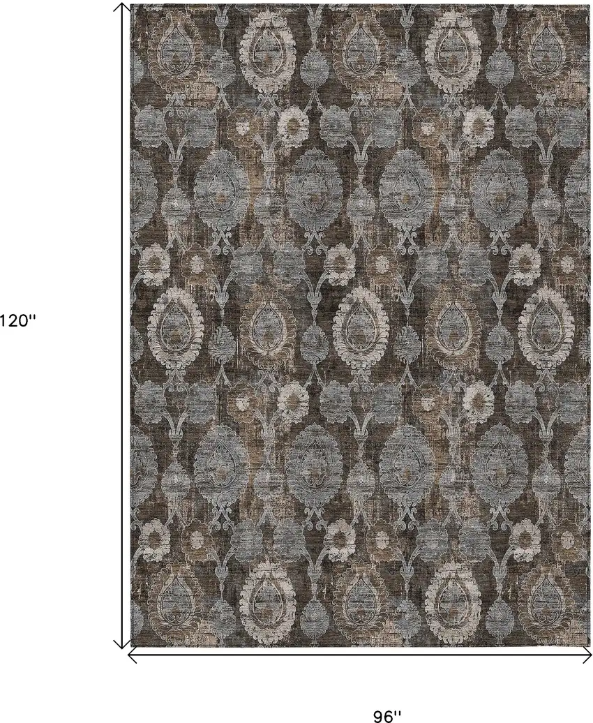 Brown And Beige Damask Washable Indoor Outdoor Area Rug Photo 3