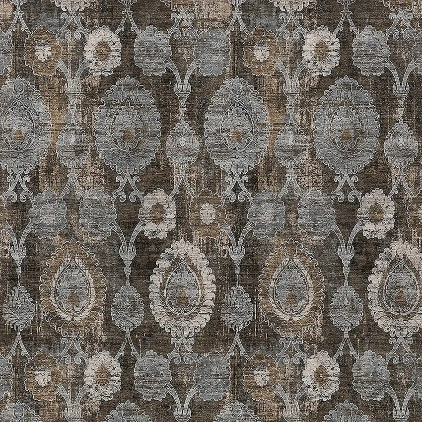 Brown And Beige Damask Washable Indoor Outdoor Area Rug Photo 7
