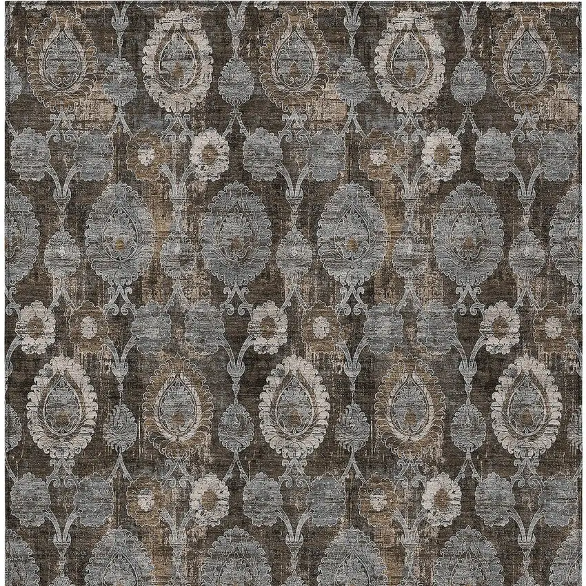 Brown And Beige Damask Washable Indoor Outdoor Area Rug Photo 8