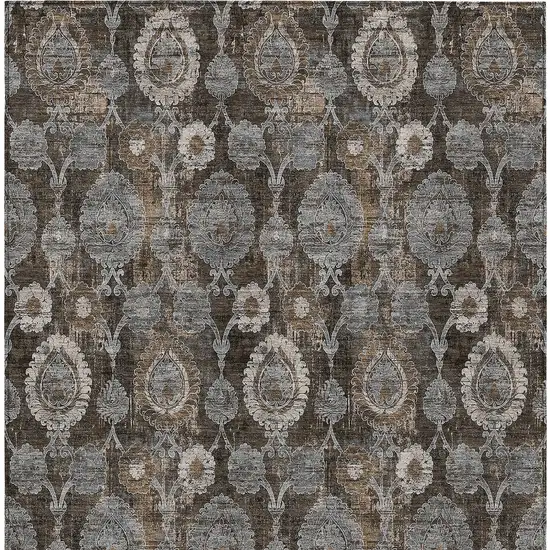 Brown And Beige Damask Washable Indoor Outdoor Area Rug Photo 8
