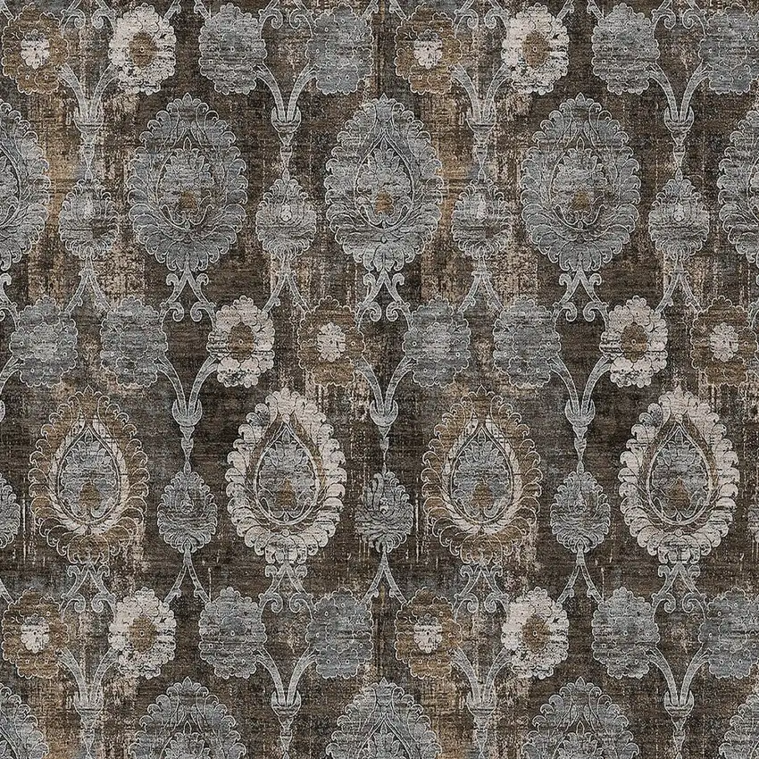 Brown And Beige Damask Washable Indoor Outdoor Area Rug Photo 7