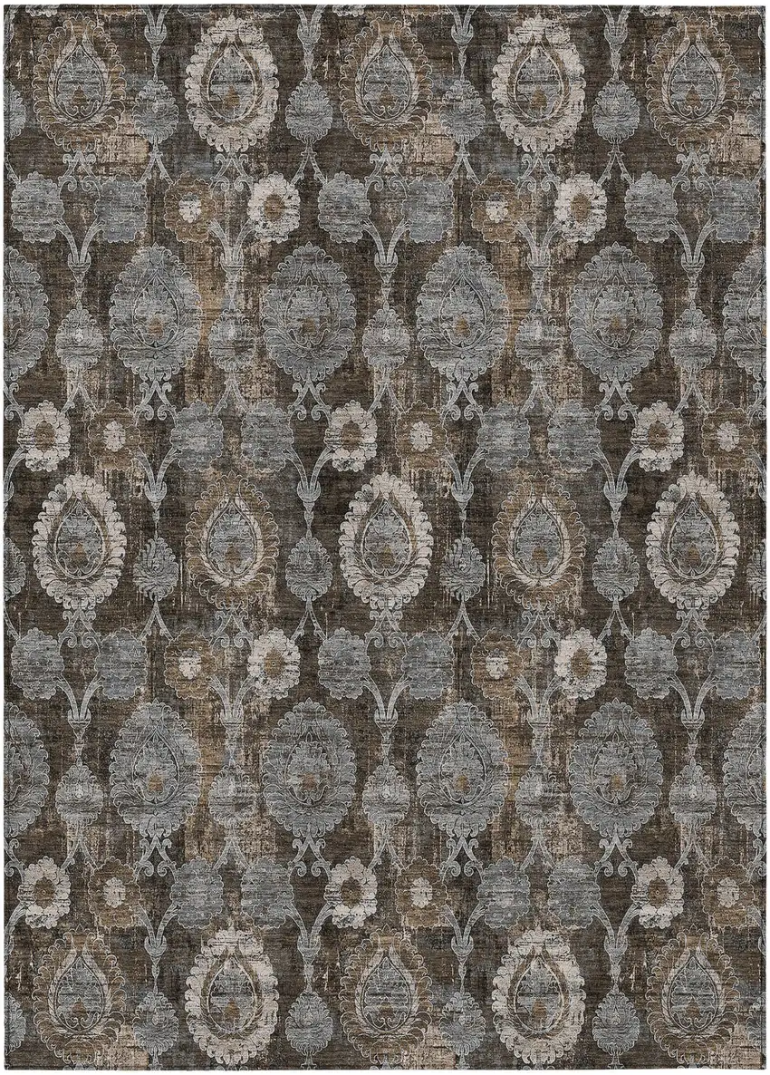 Brown And Beige Damask Washable Indoor Outdoor Area Rug Photo 2