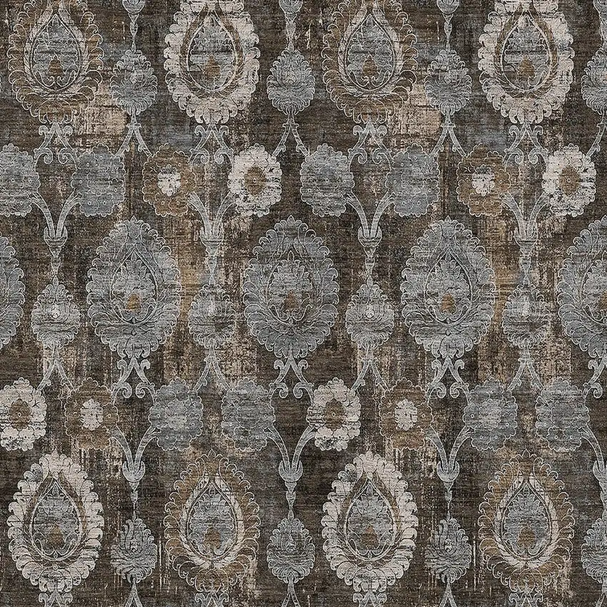 Brown And Beige Damask Washable Indoor Outdoor Area Rug Photo 7