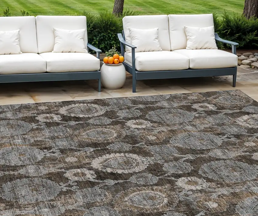 Brown And Beige Damask Washable Indoor Outdoor Area Rug Photo 1