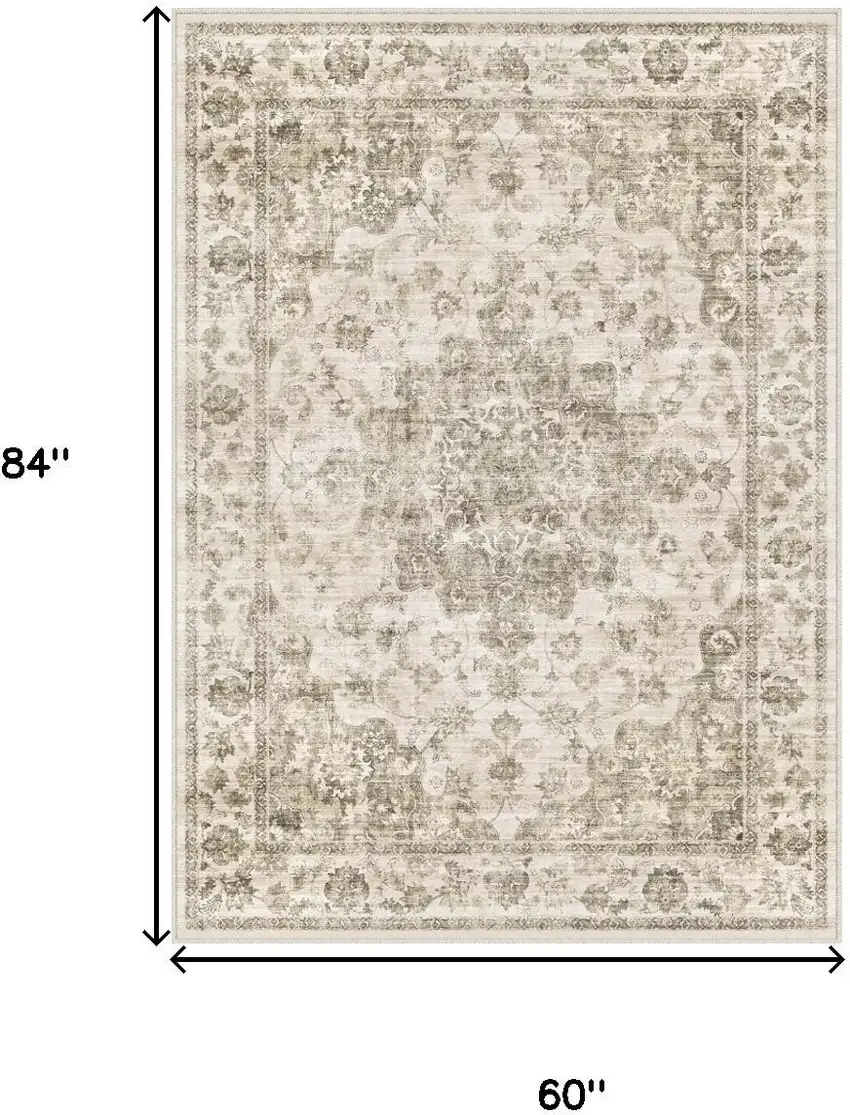 Brown And Beige Floral Medallion Washable Area Rug Photo 6