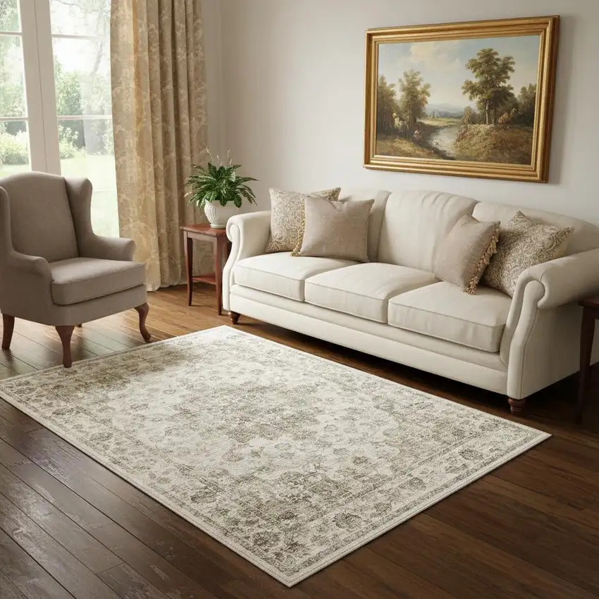 Brown And Beige Floral Medallion Washable Area Rug Photo 1