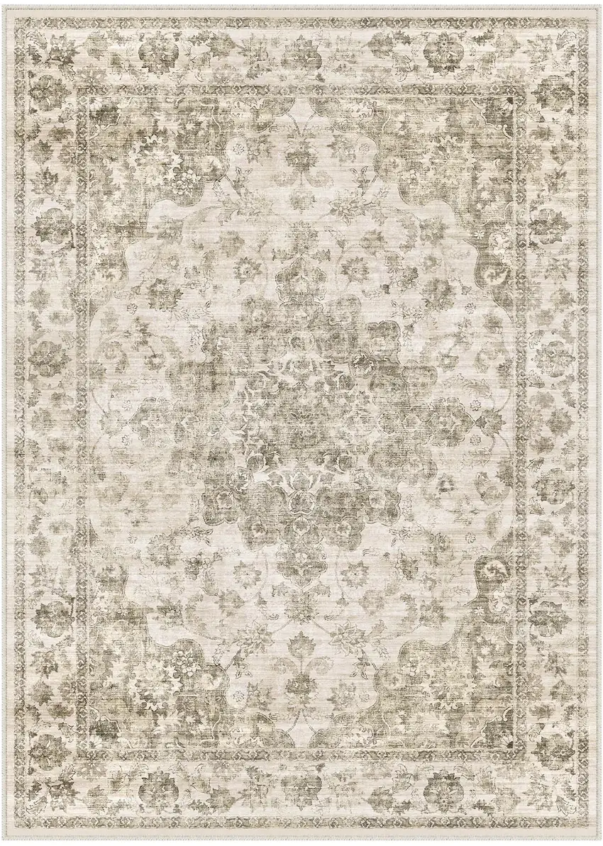 Brown And Beige Floral Medallion Washable Area Rug Photo 2