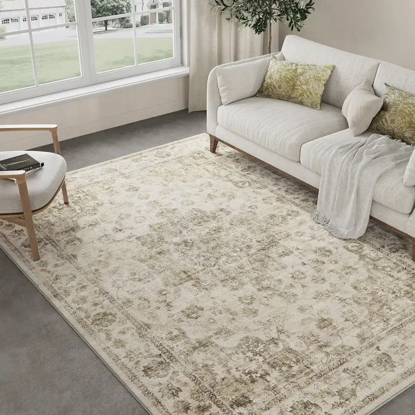 Brown And Beige Floral Medallion Washable Area Rug Photo 5