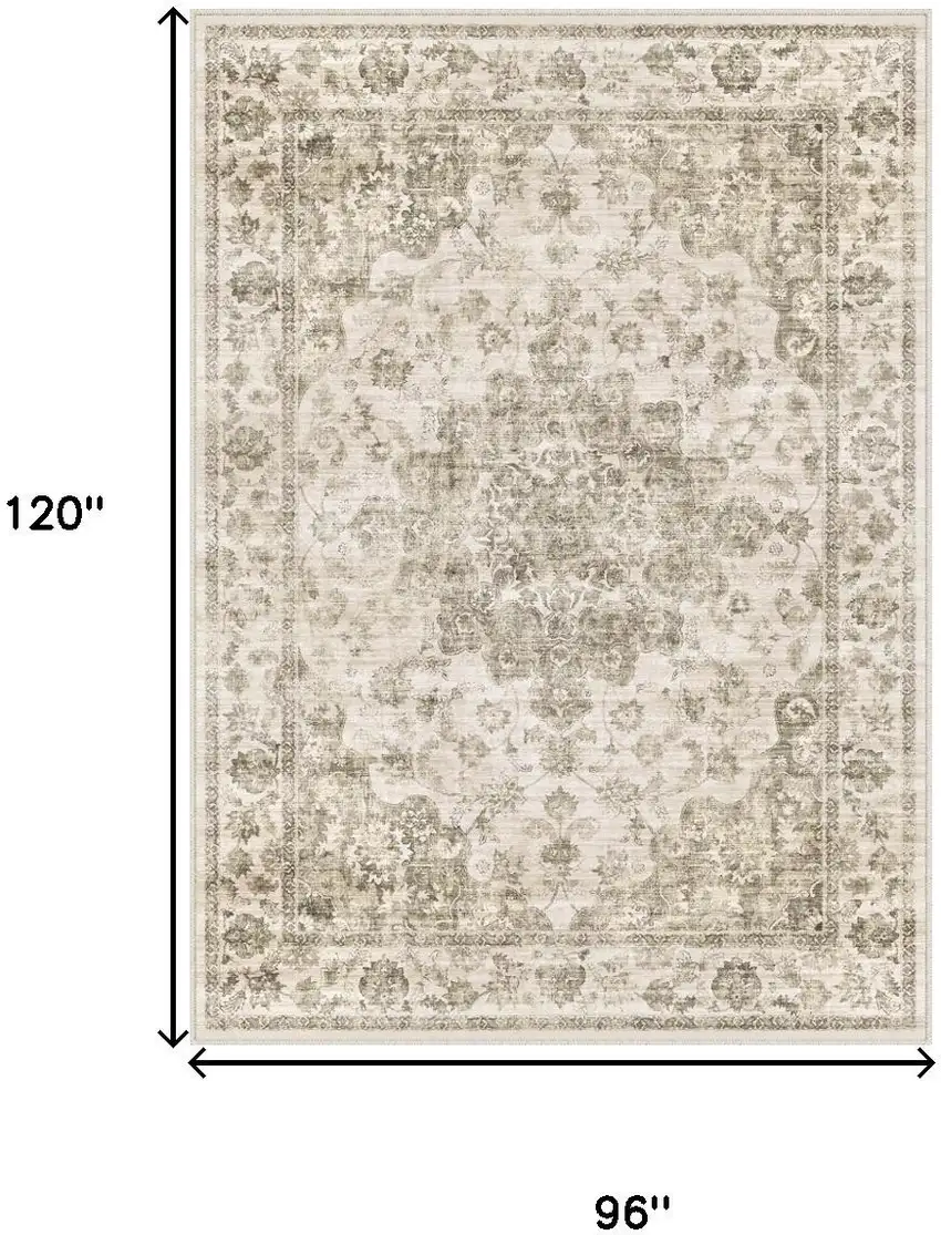Brown And Beige Floral Medallion Washable Area Rug Photo 3