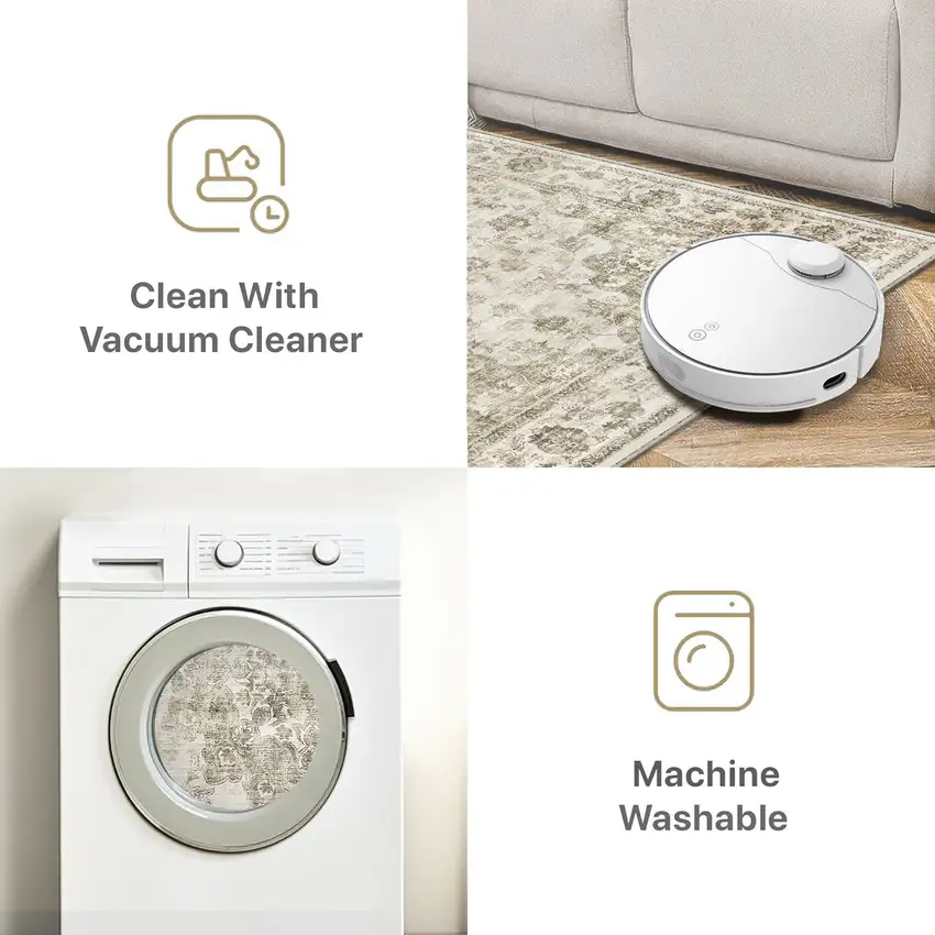 Brown And Beige Floral Medallion Washable Area Rug Photo 6