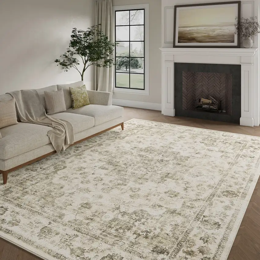 Brown And Beige Floral Medallion Washable Area Rug Photo 1