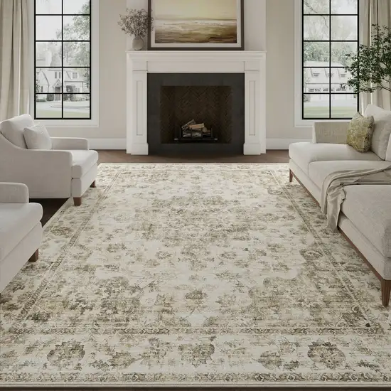 Brown And Beige Floral Medallion Washable Area Rug Photo 3