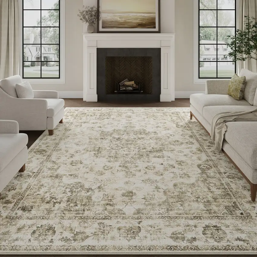 Brown And Beige Floral Medallion Washable Area Rug Photo 3
