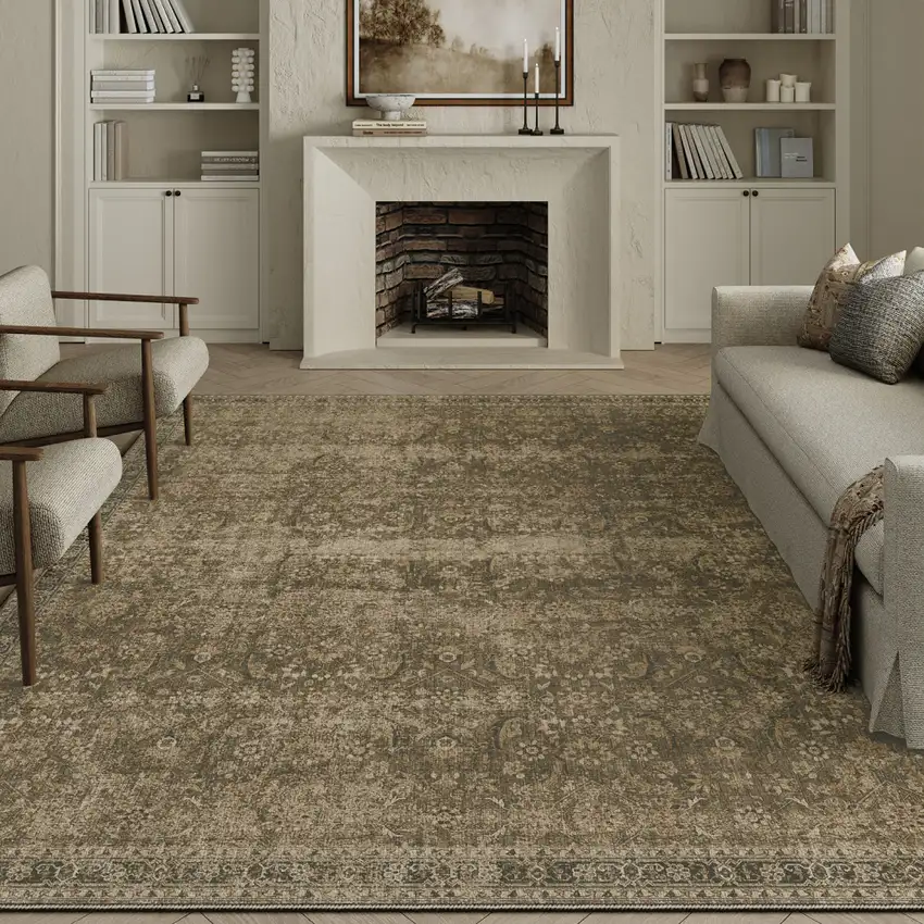 Brown And Beige Floral Medallion Washable Area Rug Photo 3