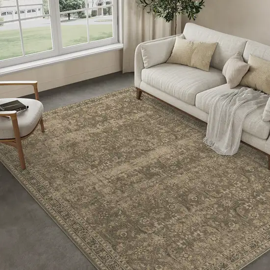 Brown And Beige Floral Medallion Washable Area Rug Photo 2