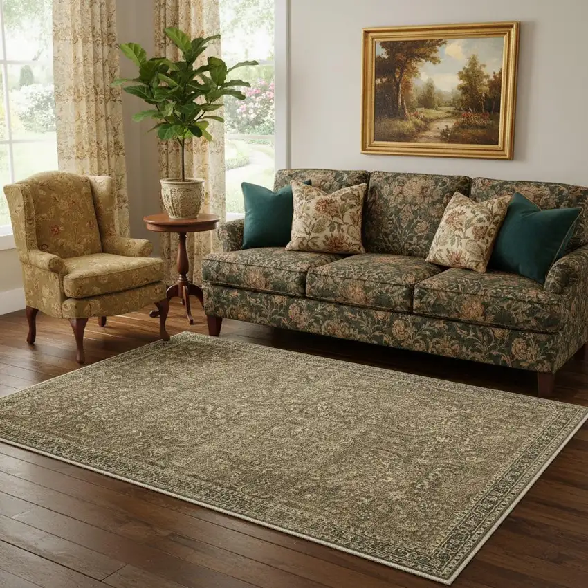 Brown And Beige Floral Medallion Washable Area Rug Photo 1