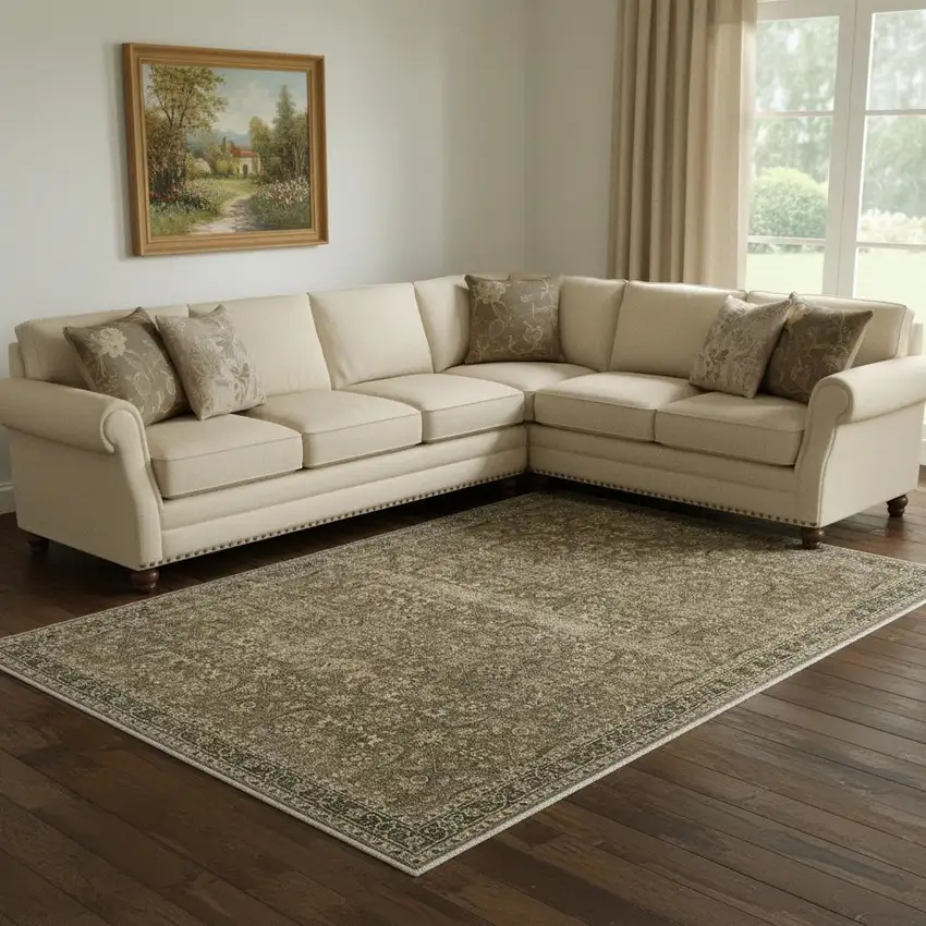 Brown And Beige Floral Medallion Washable Area Rug Photo 1