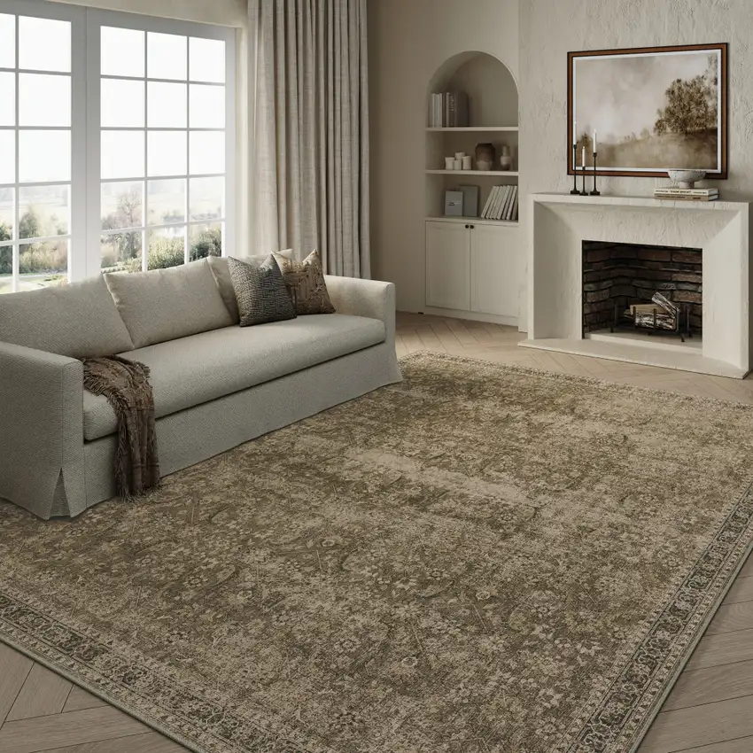 Brown And Beige Floral Medallion Washable Area Rug Photo 2