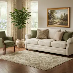 Photo of Brown And Beige Floral Medallion Washable Area Rug