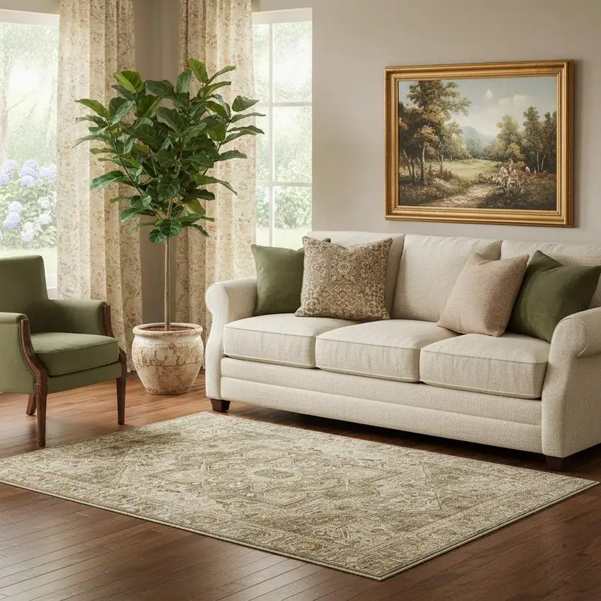 Brown And Beige Floral Medallion Washable Area Rug Photo 1