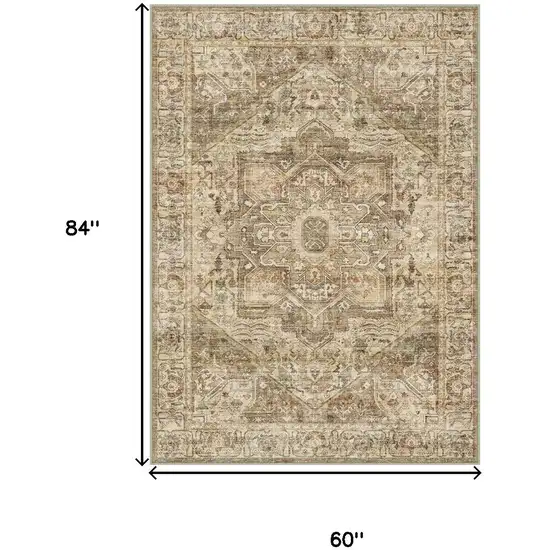 Brown And Beige Floral Medallion Washable Area Rug Photo 3