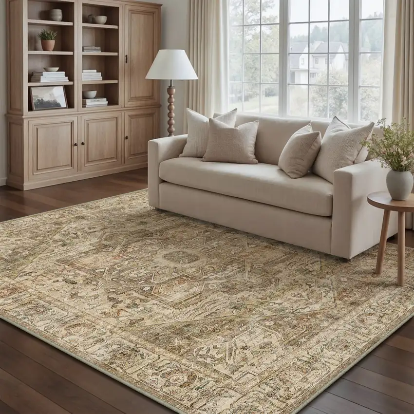 Brown And Beige Floral Medallion Washable Area Rug Photo 2
