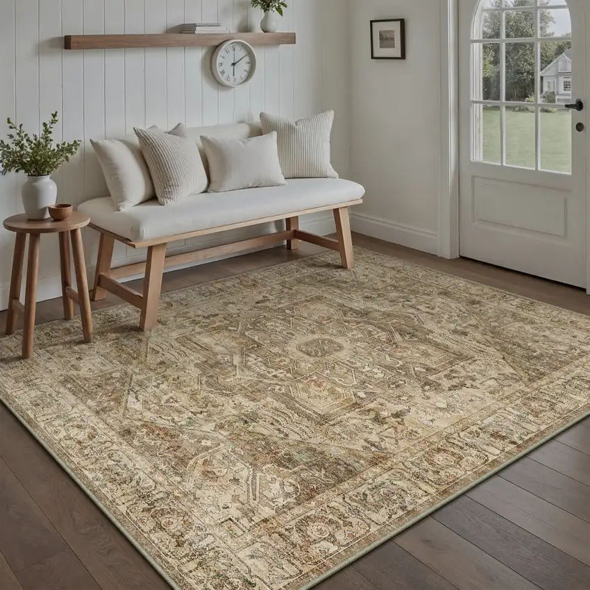 Brown And Beige Floral Medallion Washable Area Rug Photo 2